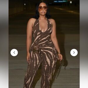 Brown Abstract Print Jumpsuit with Halter Neck